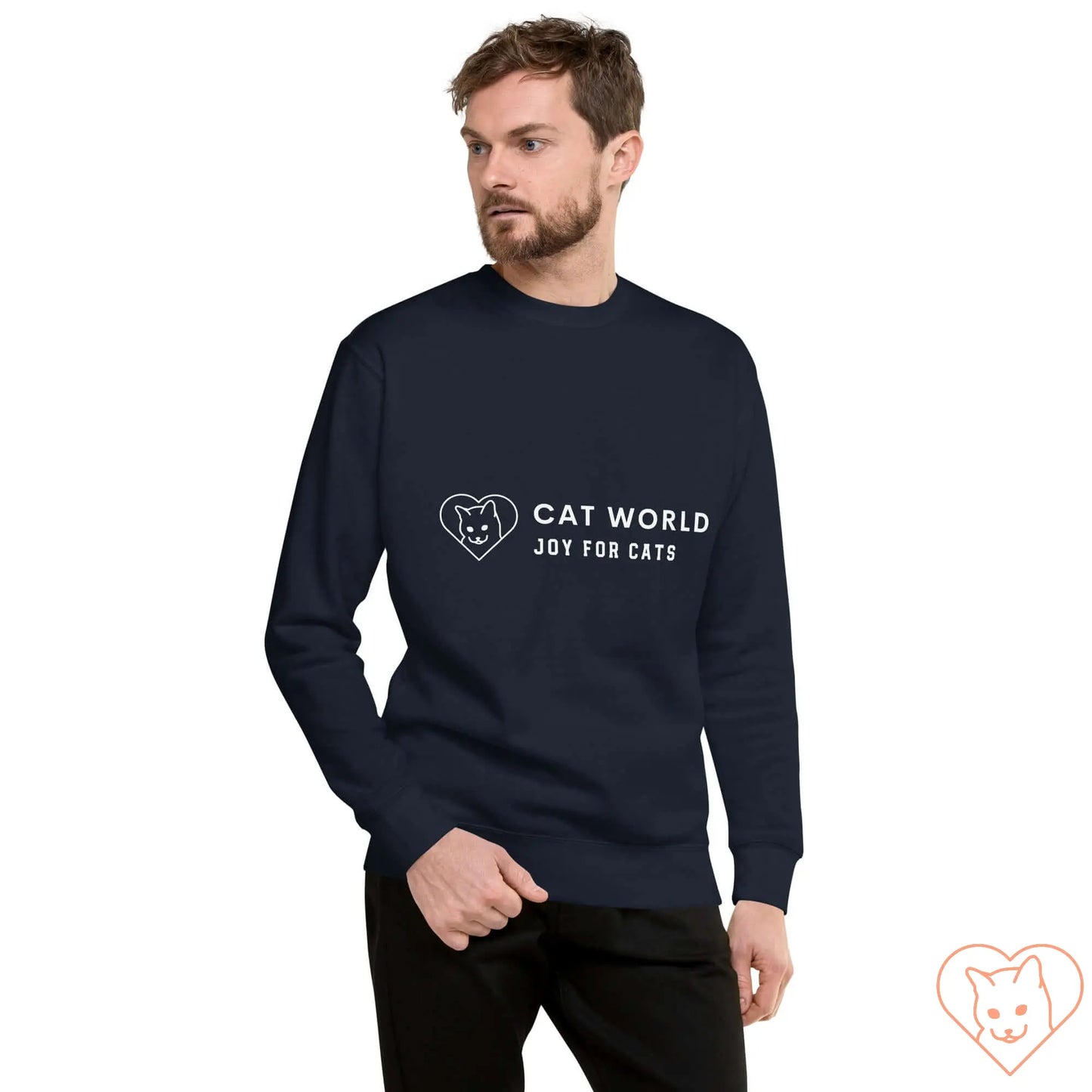 Unisex premium sweatshirt featuring "Cat World Joy for Cats" graphic on a dark background, ideal for streetwear.