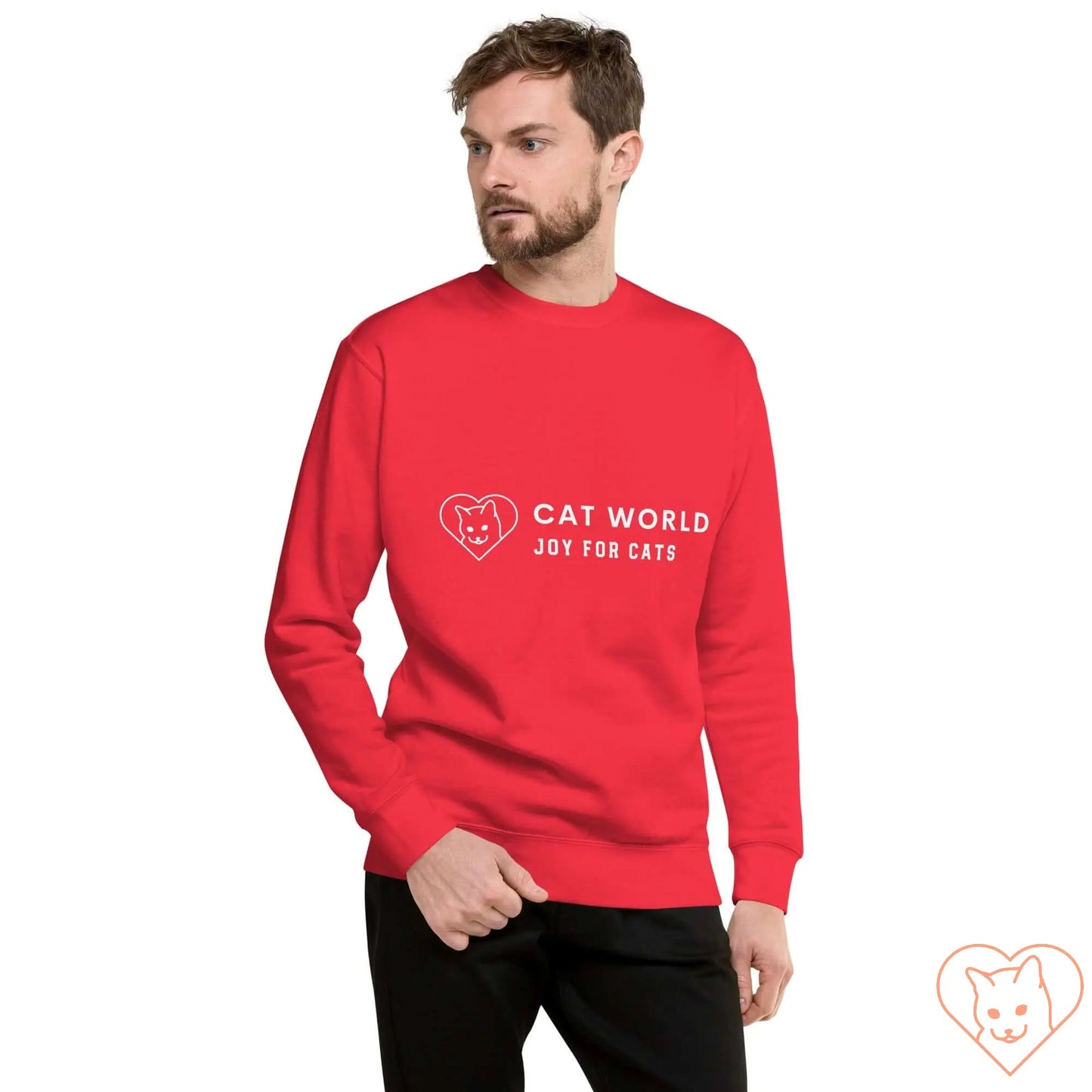 Unisex red sweatshirt with "Cat World: Joy for Cats" graphic print, perfect for casual and streetwear styles.