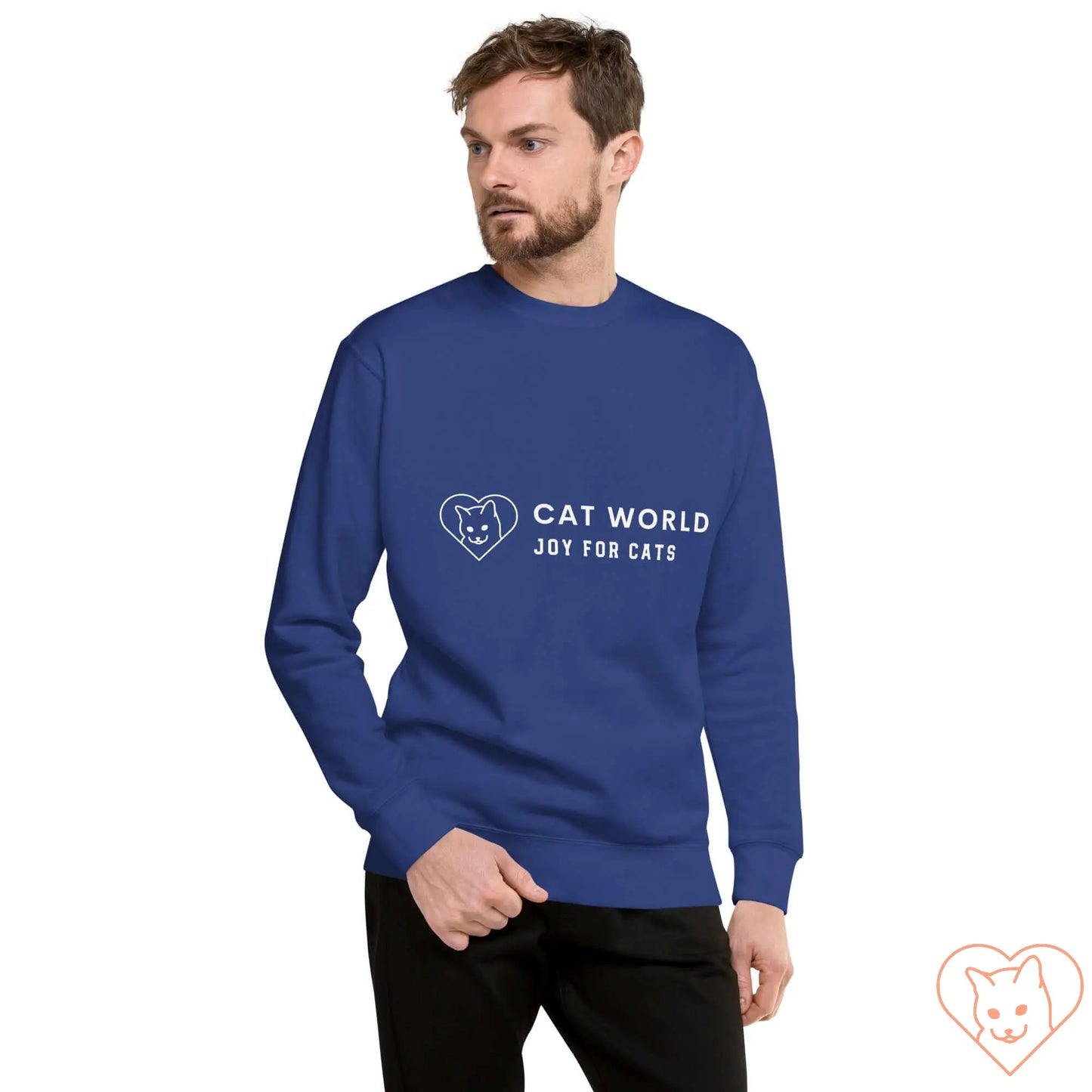 Unisex blue sweatshirt featuring "Cat World: Joy for Cats" graphic, perfect for casual wear and cat lovers.