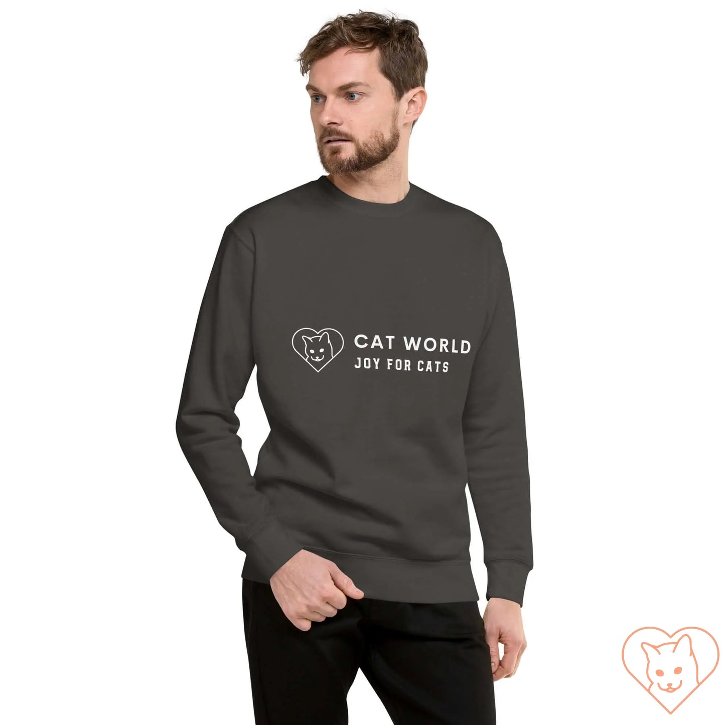 Unisex premium sweatshirt featuring "Cat World Joy for Cats" graphic, ideal for casual streetwear style.