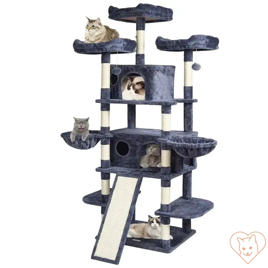 VEVOR 68.5" Cat Tower with multiple platforms, scratch posts, and playful cats lounging.