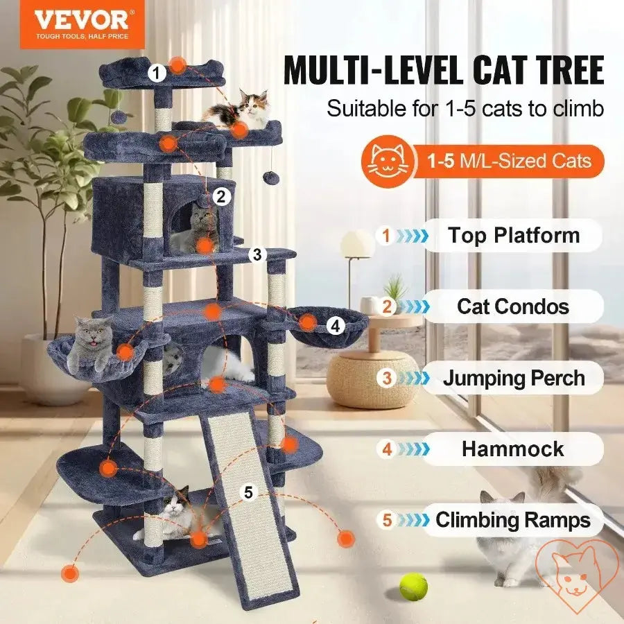 VEVOR multi-level cat tree with multiple platforms, condos, and climbing ramps, suitable for 1-5 cats.