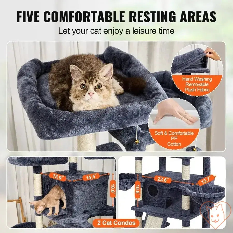 VEVOR 68.5" Cat Tower with 5 resting areas for cats, featuring plush fabric and two condos for relaxation.