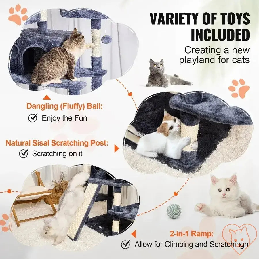 Image of VEVOR Cat Tower showing included toys: dangling ball, scratching post, and 2-in-1 ramp for playful cats.