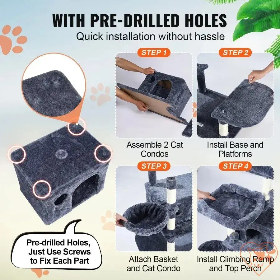 Step-by-step guide for quick installation of VEVOR cat tower with pre-drilled holes.