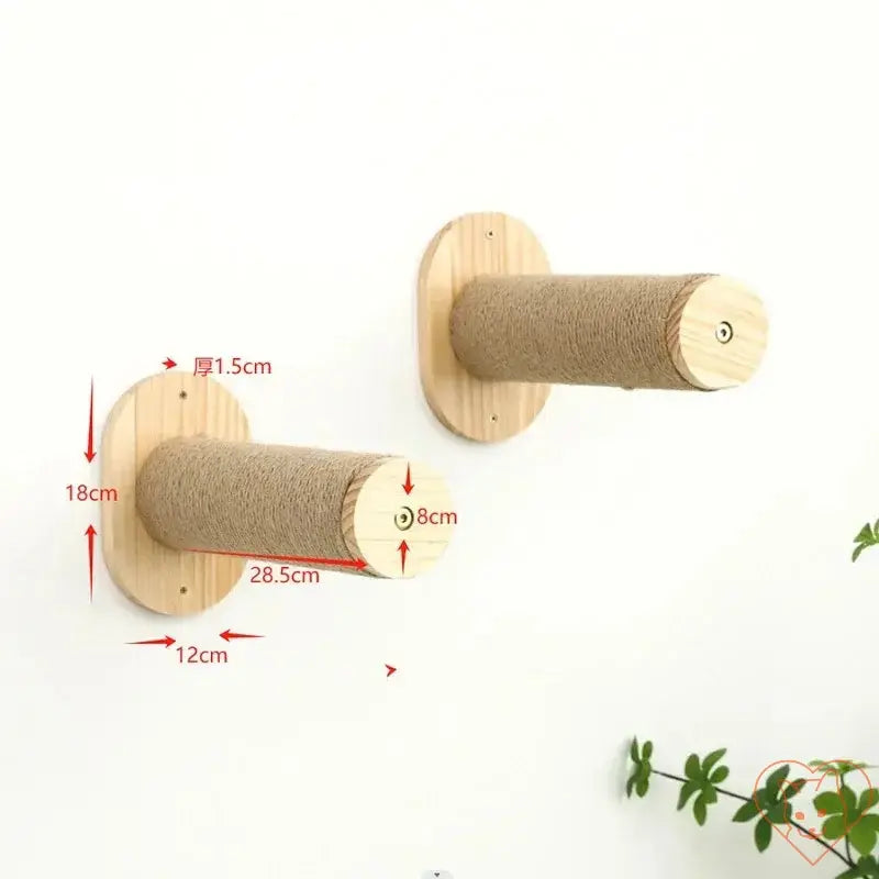 Wall-mounted wooden cat scratching post with sisal rope, perfect for climbing and scratching activities.