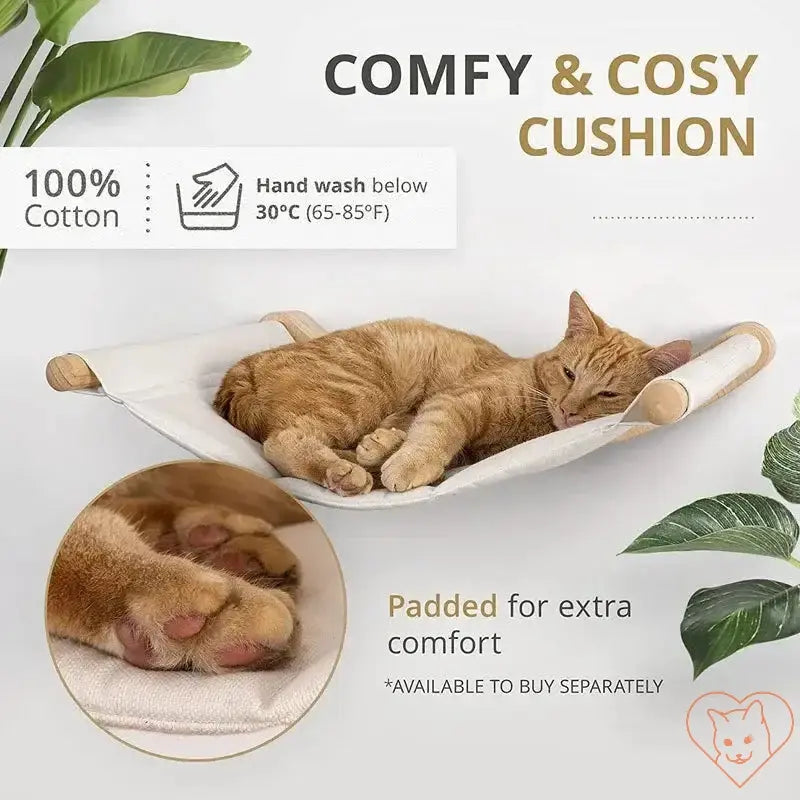 Cozy wooden cat hammock with comfy cushioned bed for cats, featuring an orange cat relaxing comfortably.