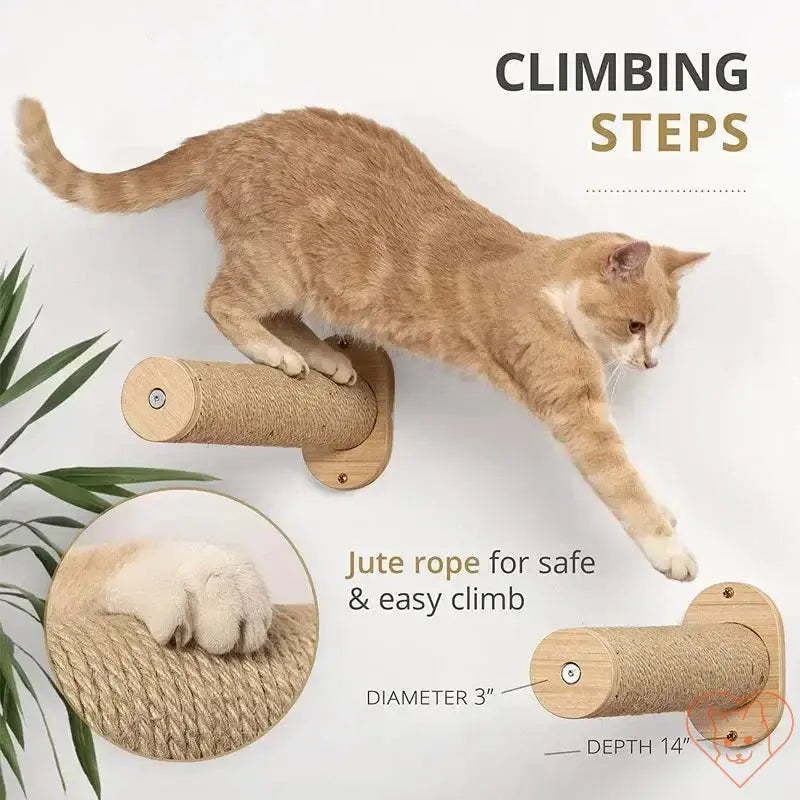 Cat climbing on wooden step with jute rope, showcasing a wall-mounted cat bed ladder for climbing and scratching.