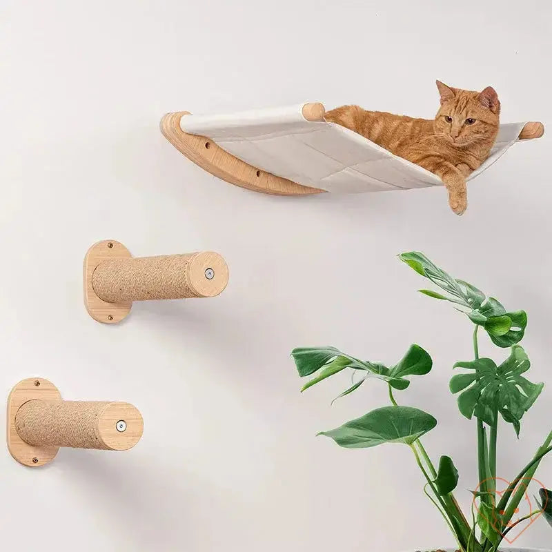 Cat relaxing on a wall-mounted wooden hammock with sisal scratch posts and greenery in the background.