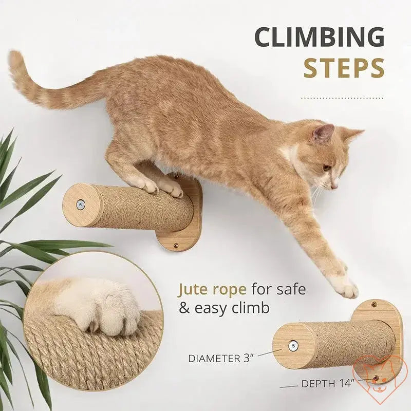 Cat climbing on wall-mounted wooden scratch post with jute rope steps for safe and easy climbing, decorative pet furniture.