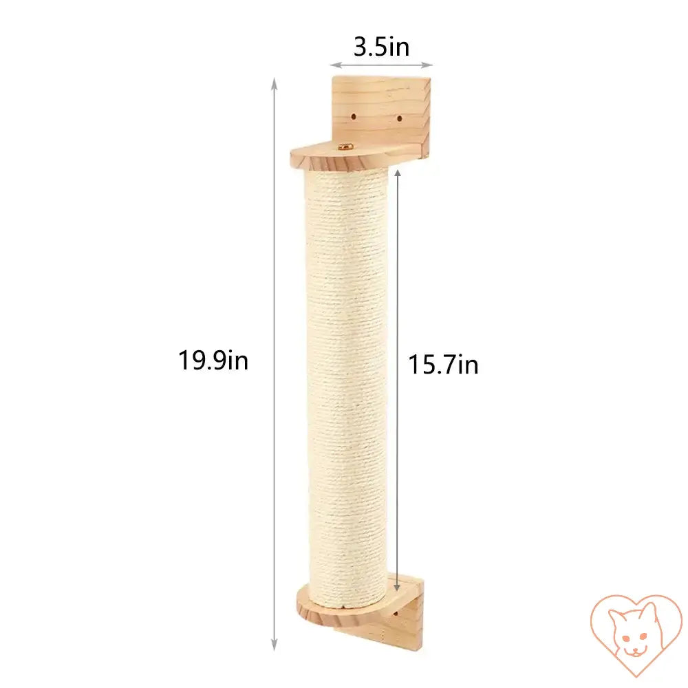 Wall-mounted cat climbing shelf with sisal scratching post, dimensions 19.9in x 3.5in x 15.7in, made from natural wood.