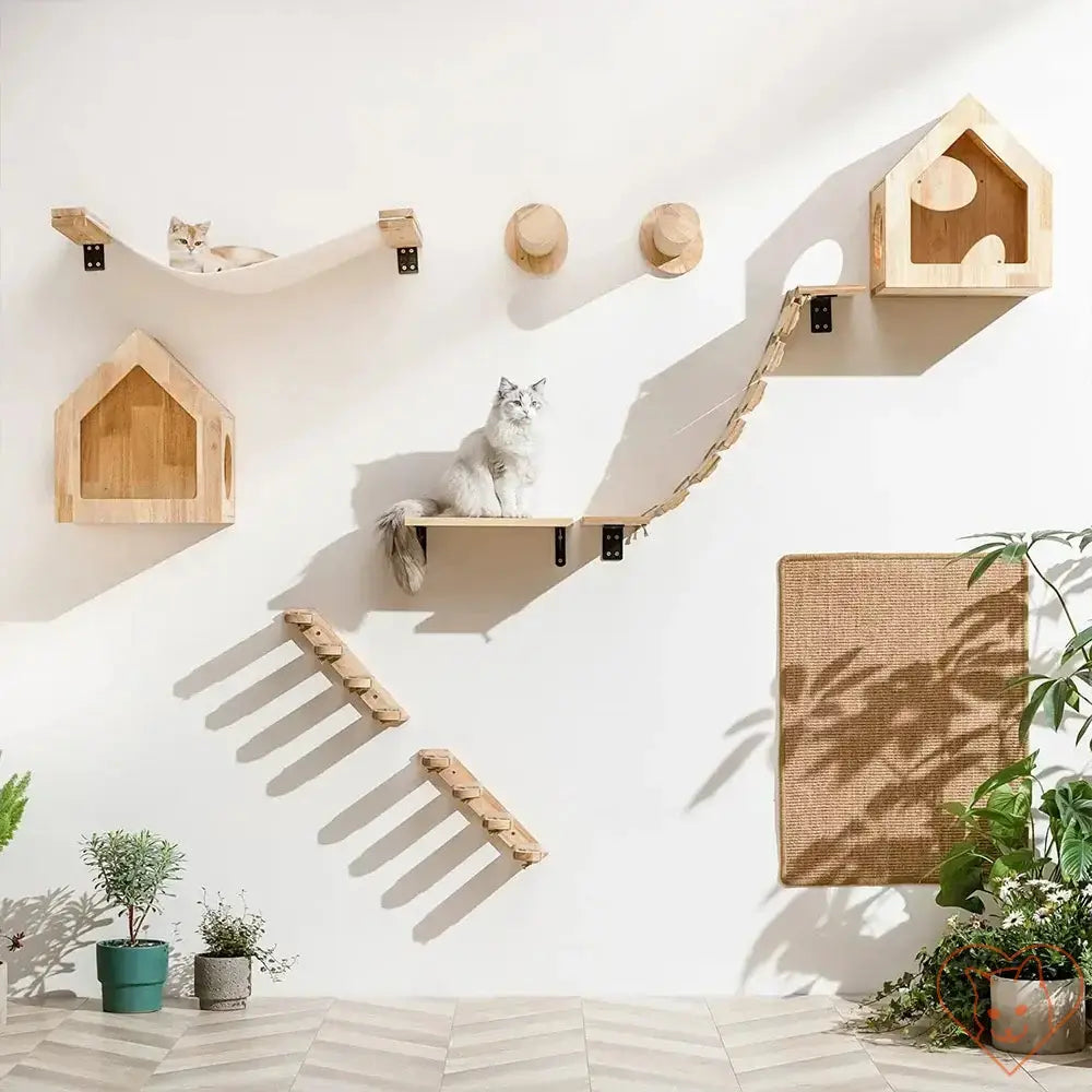 Wall-mounted cat climbing shelf with two cats playing on wooden shelves and a scratching post.