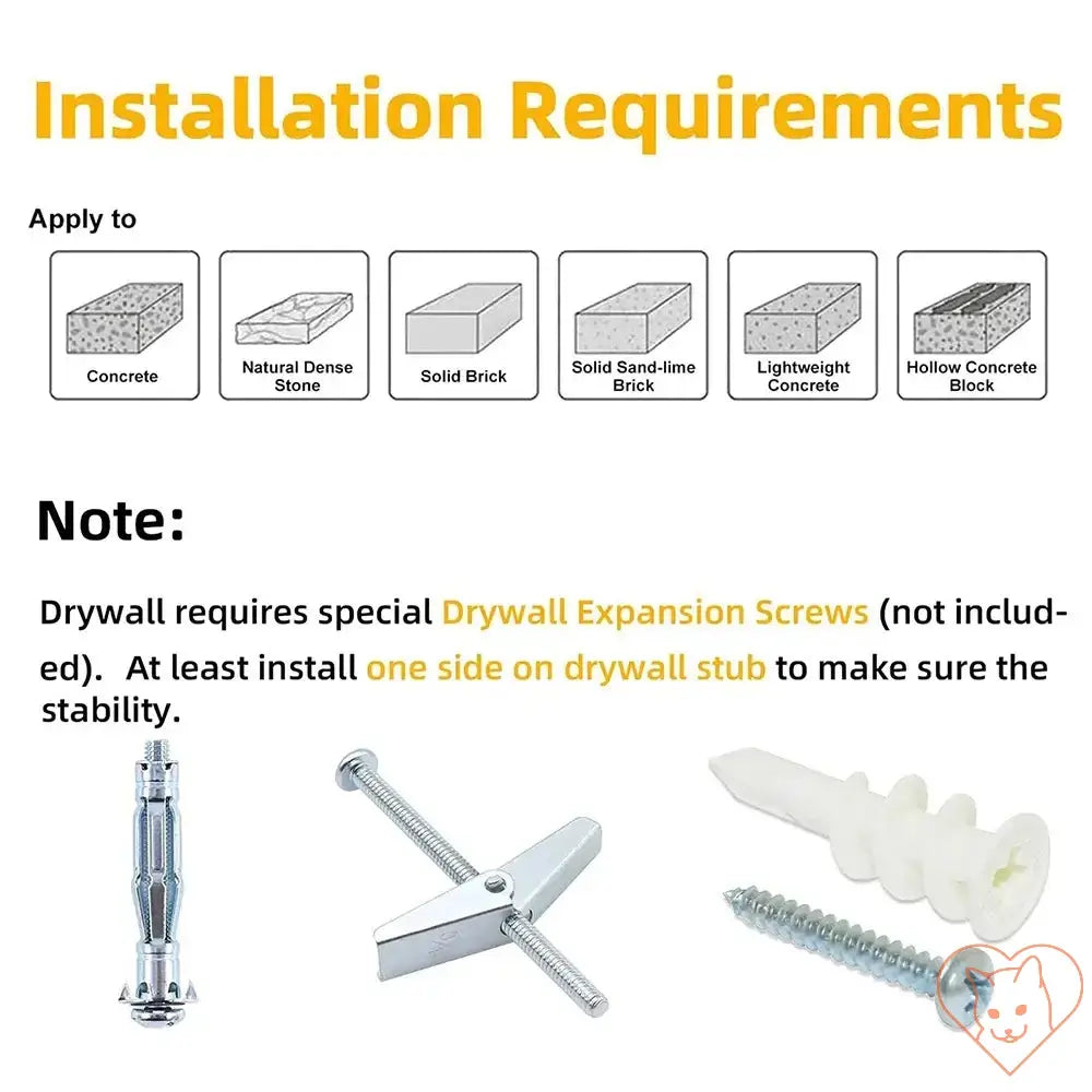 Installation requirements graphic for Wall-Mounted Cat Climbing Shelf with screws and substrate types.