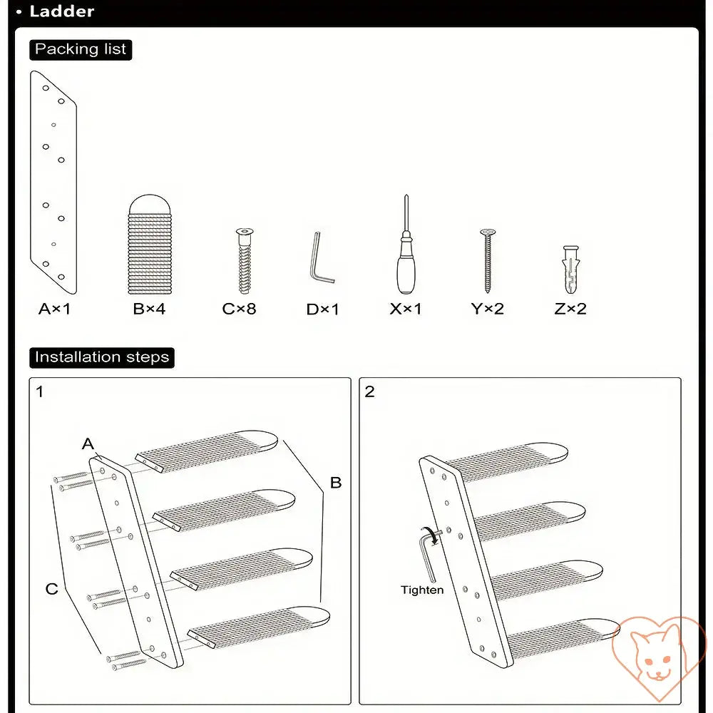 Installation guide for wall-mounted cat climbing shelf including parts and steps.