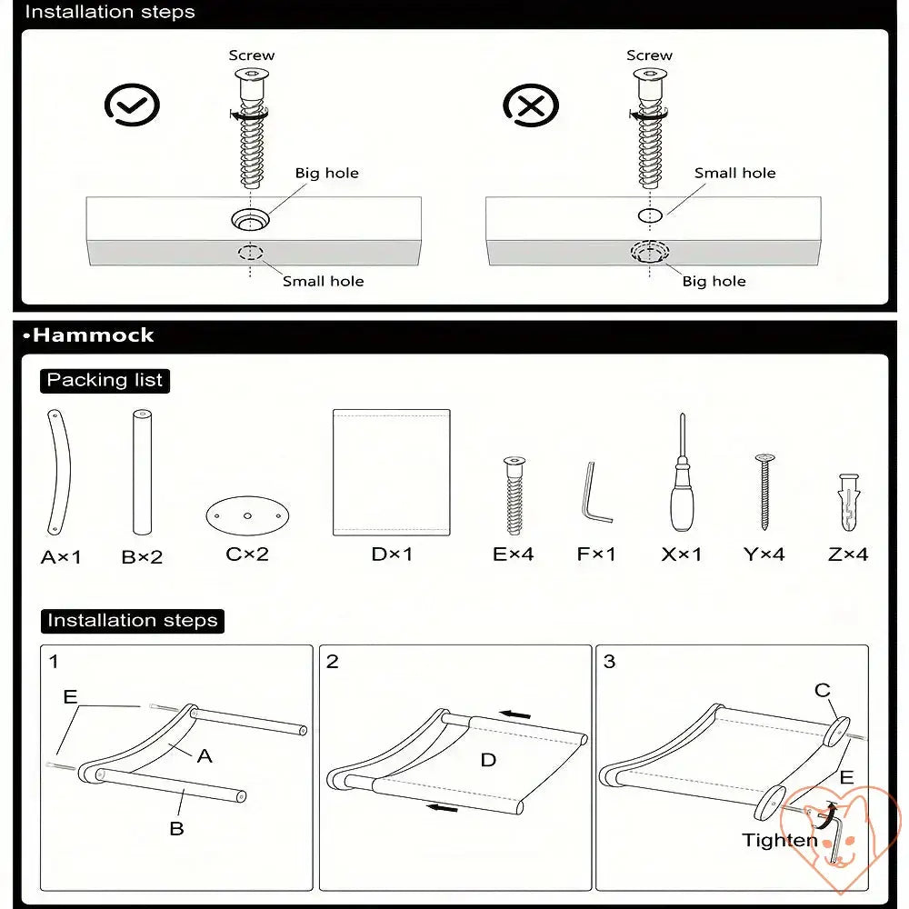 Installation instructions for a wall-mounted cat hammock, showing correct and incorrect screw placements.