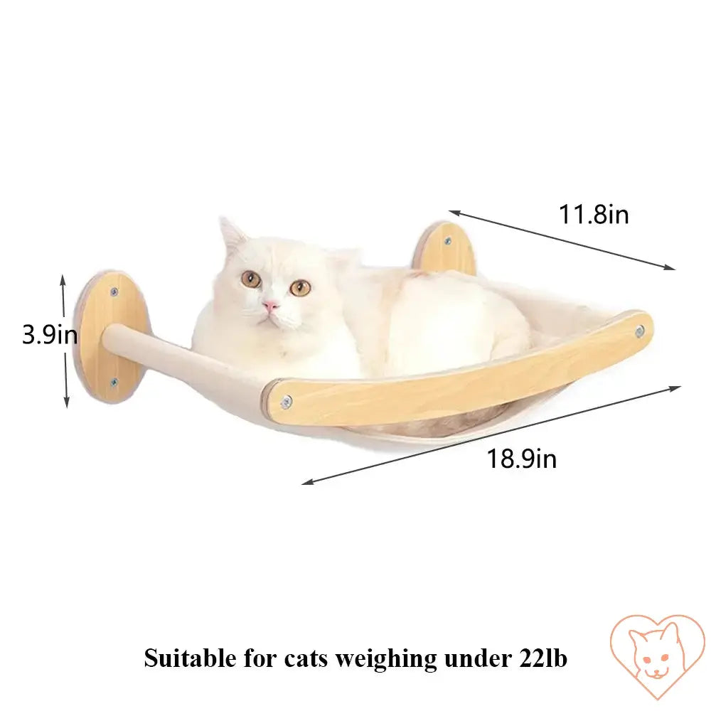 A cozy wall-mounted cat hammock designed for cats under 22lb, featuring natural wood and comfortable fabric.