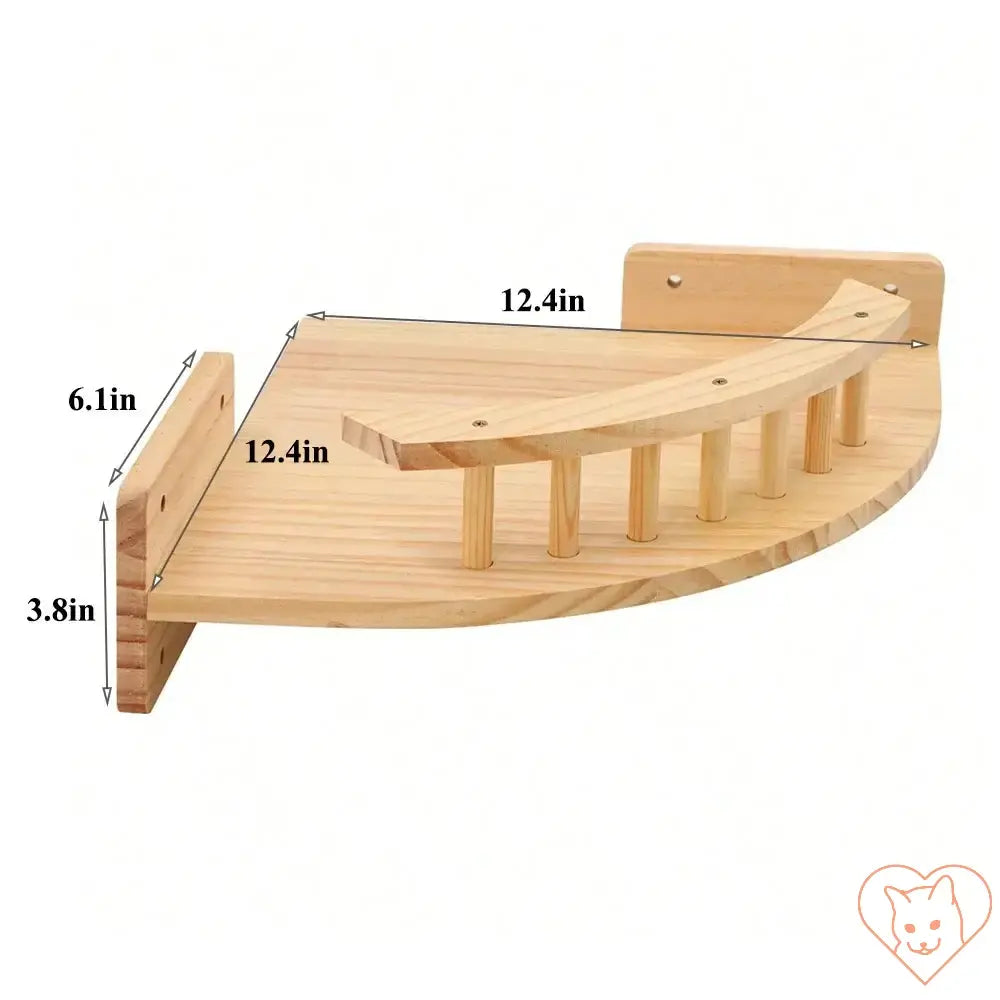 Wall-mounted cat climbing shelf dimensions with curved design in natural pine wood.