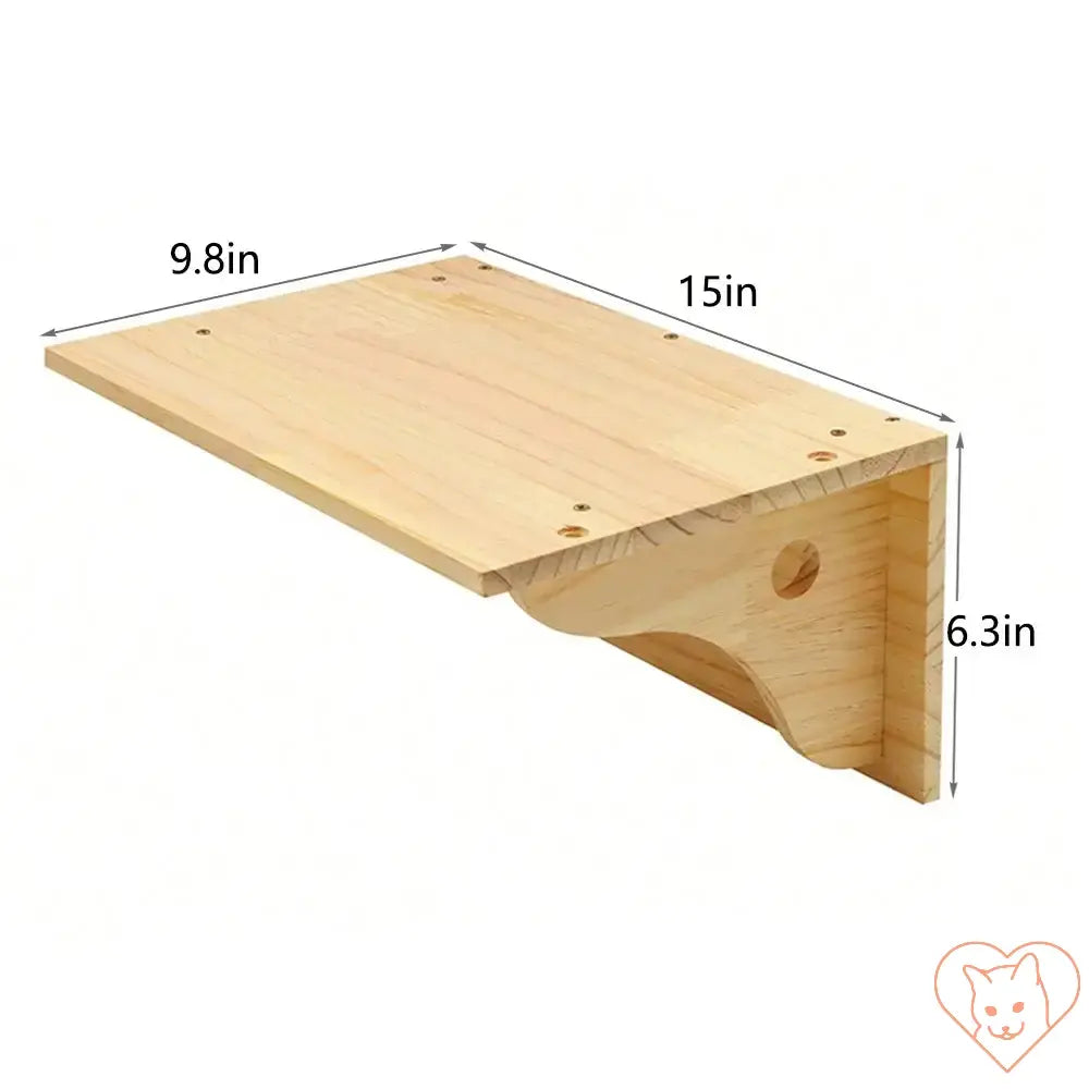 Wall-mounted cat climbing shelf made of natural pine wood, measuring 15in x 9.8in x 6.3in, perfect for feline play.