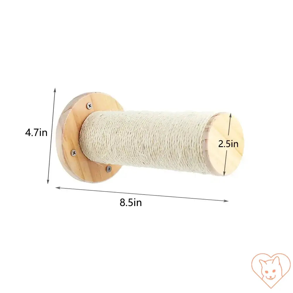 Sisal scratching post dimensions: 4.7in height, 2.5in diameter, 8.5in length, ideal for wall-mounted cat shelves.