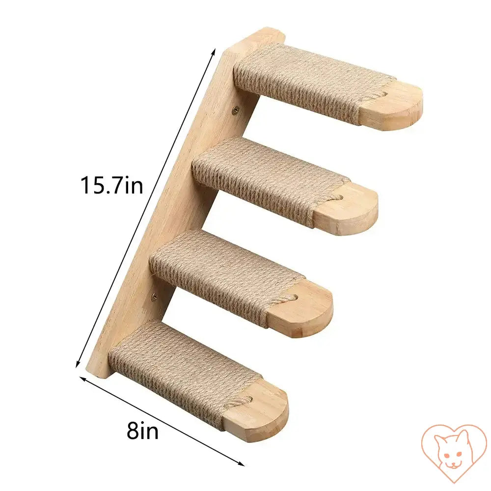 Wall-mounted cat climbing shelf with four steps, sisal coverings, dimensions: 15.7in x 8in for kitty play and exercise.