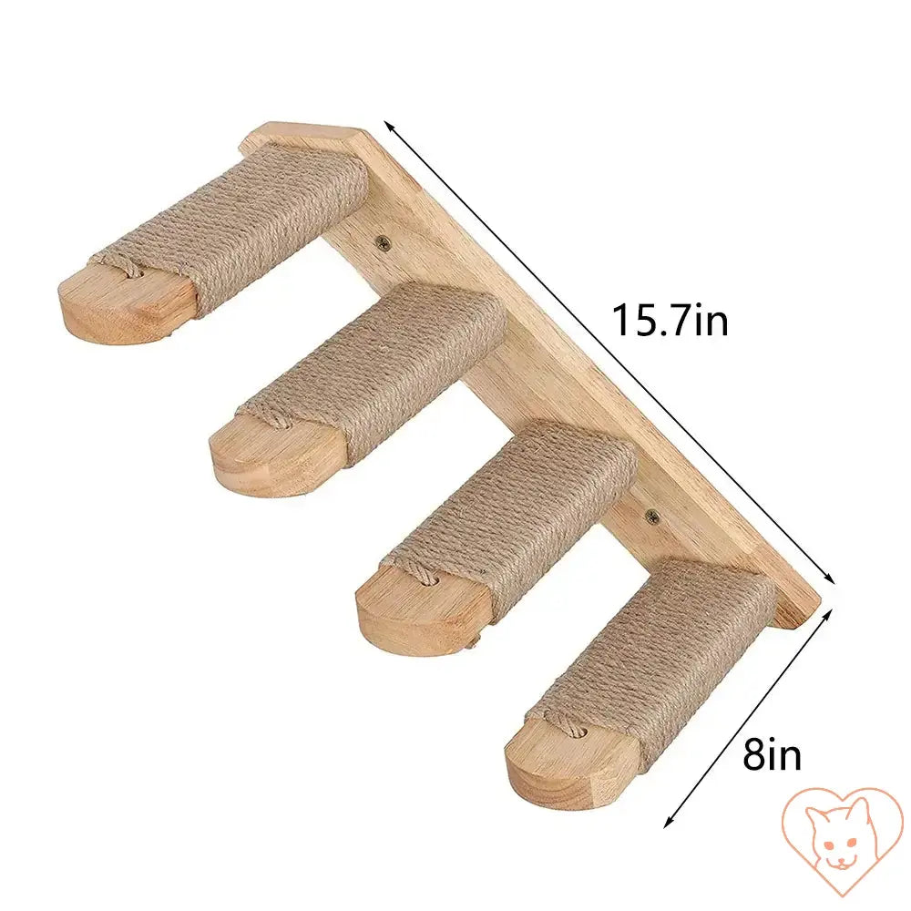 Wall-mounted cat climbing shelf with four wooden steps and sisal scratching posts, measuring 15.7in by 8in.