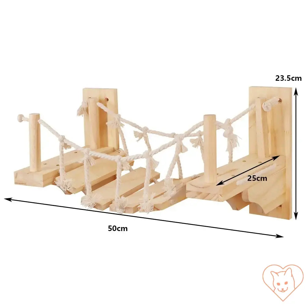 Wall-mounted cat climbing bridge with rope design, measuring 50cm wide, 25cm deep, and 23.5cm high.