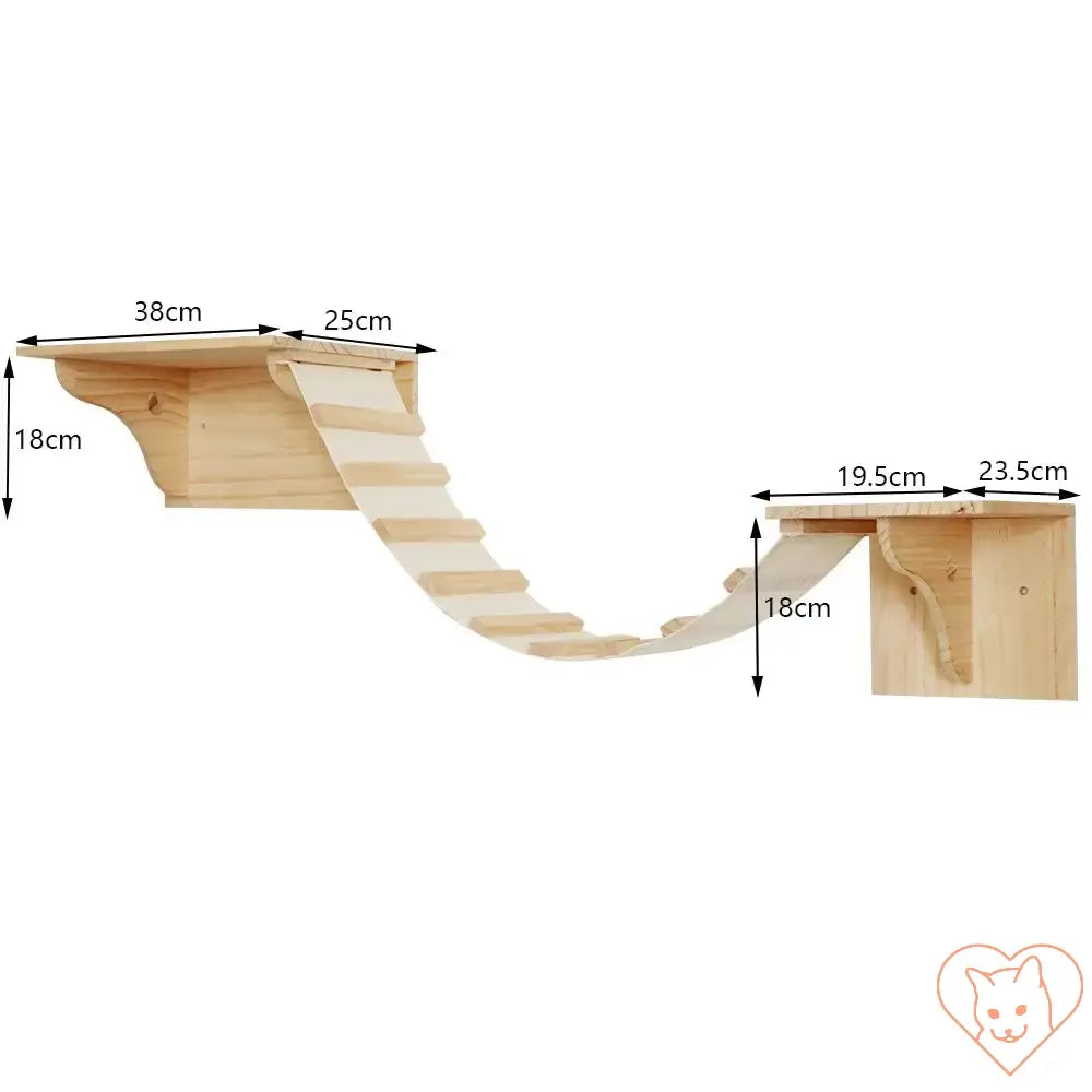 Wall-mounted cat climbing shelf with bridge, measuring dimensions for easy installation and space-saving design.