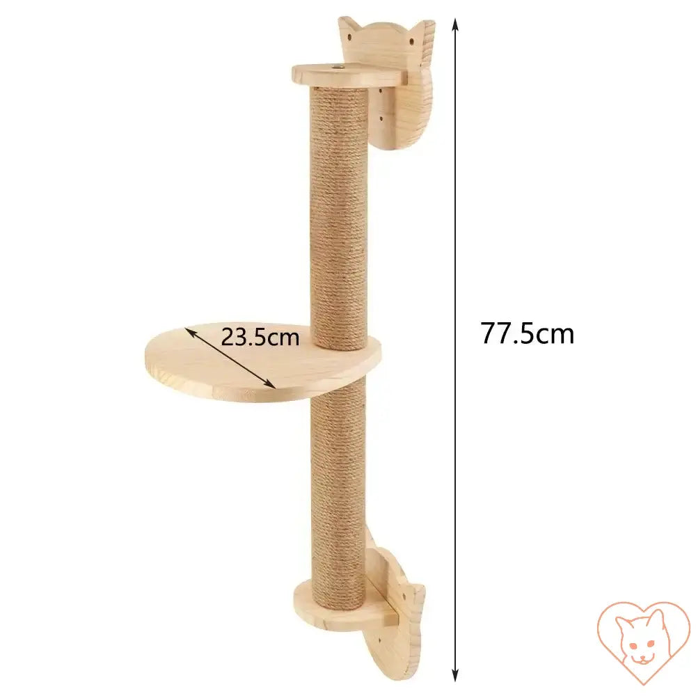 Wall-mounted cat climbing shelves with a scratching post, measuring 77.5cm tall and 23.5cm wide in natural wood finish.