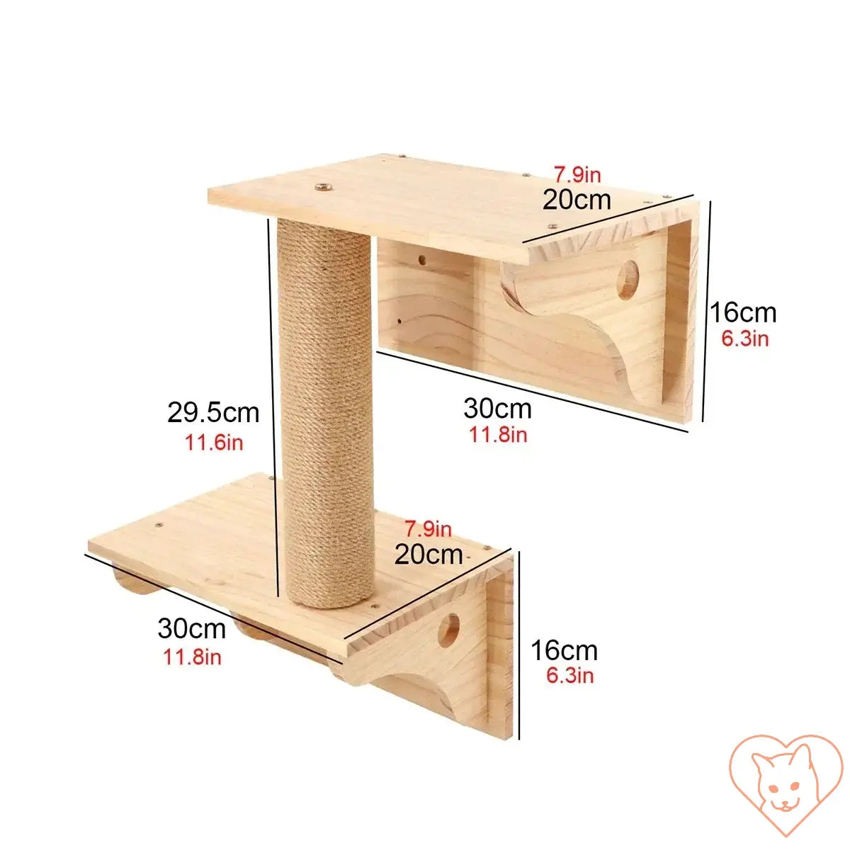 Wooden cat climbing shelves with scratching post and bridge, ideal for feline play and relaxation.