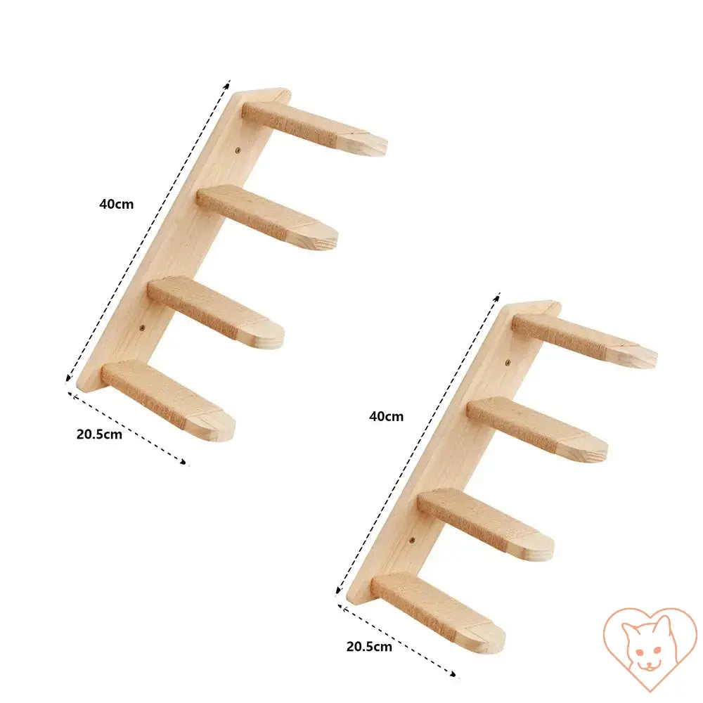 Wall-mounted cat climbing shelves made of natural wood, featuring multiple steps for feline play and exercise.