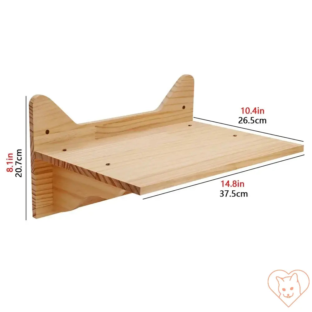 Wooden wall-mounted cat climbing shelf with measurements displayed for size reference.