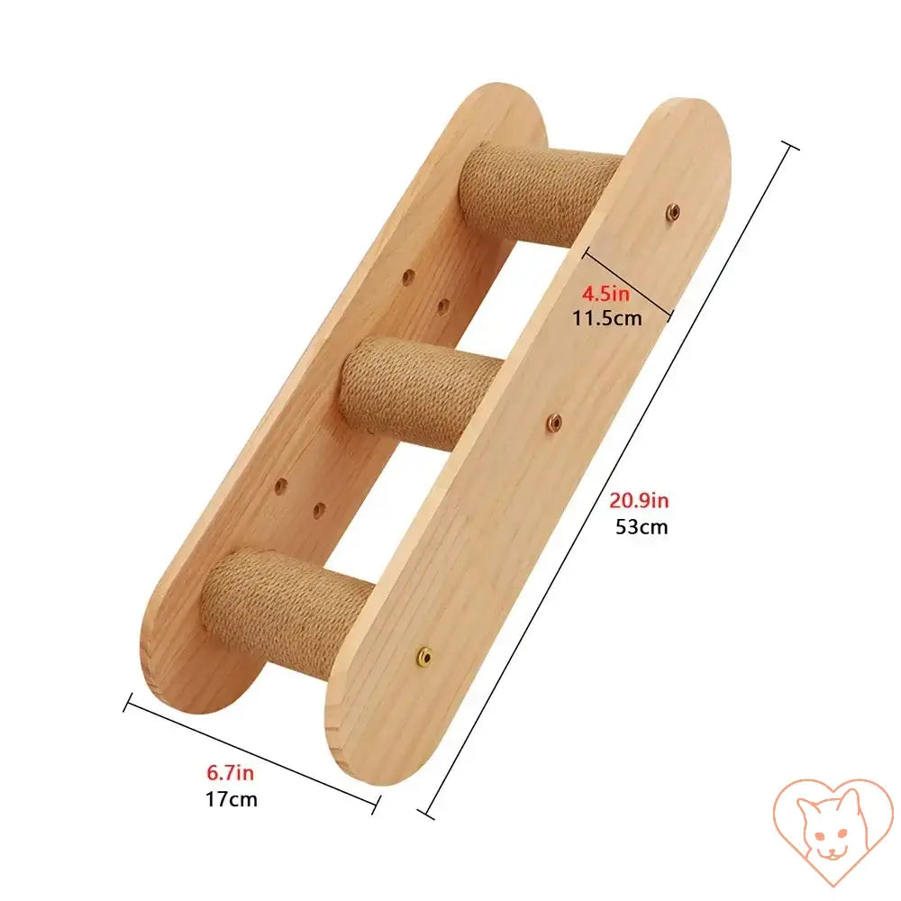 Wooden cat climbing shelf with scratching posts, dimensions: 20.9in height, 6.7in width, 4.5in depth.