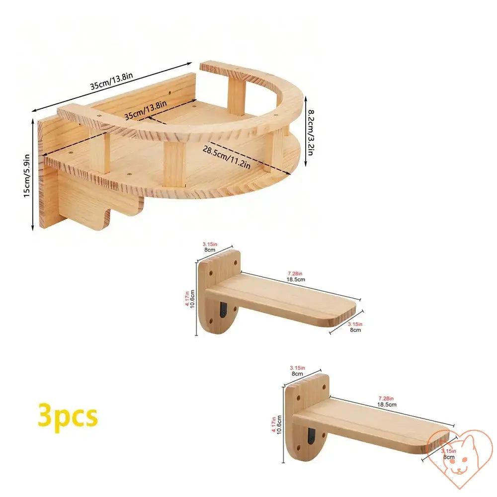 Wall-mounted cat climbing shelves set including a curvy shelf and two straight shelves, ideal for feline play and relaxation.