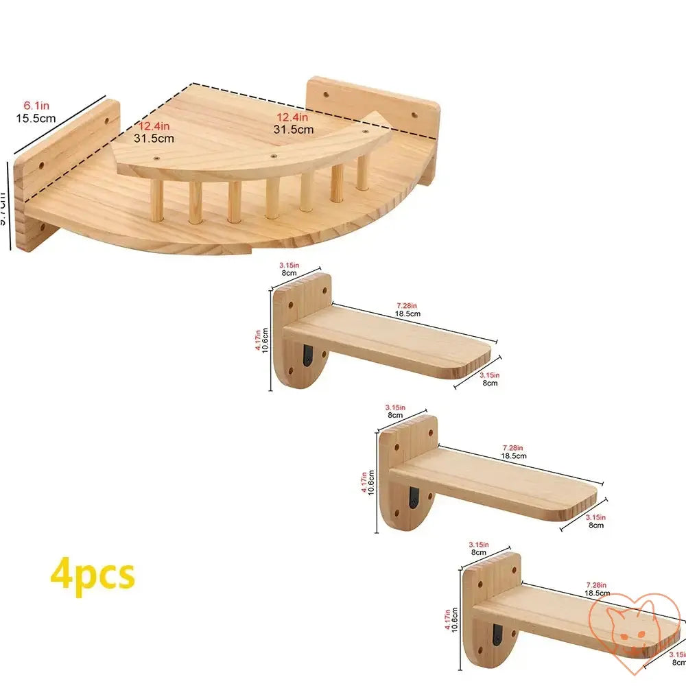 Set of 4 wall-mounted cat climbing shelves, including a curved bridge and two platforms for cat exercise and play.