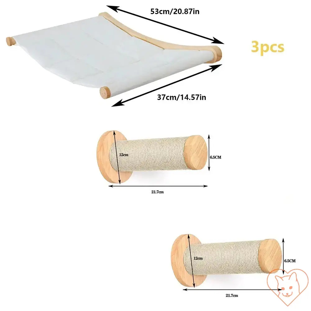 Dimensions of Wall-Mounted Cat Climbing Shelves, including hammock and scratching posts, designed for feline play and relaxation.