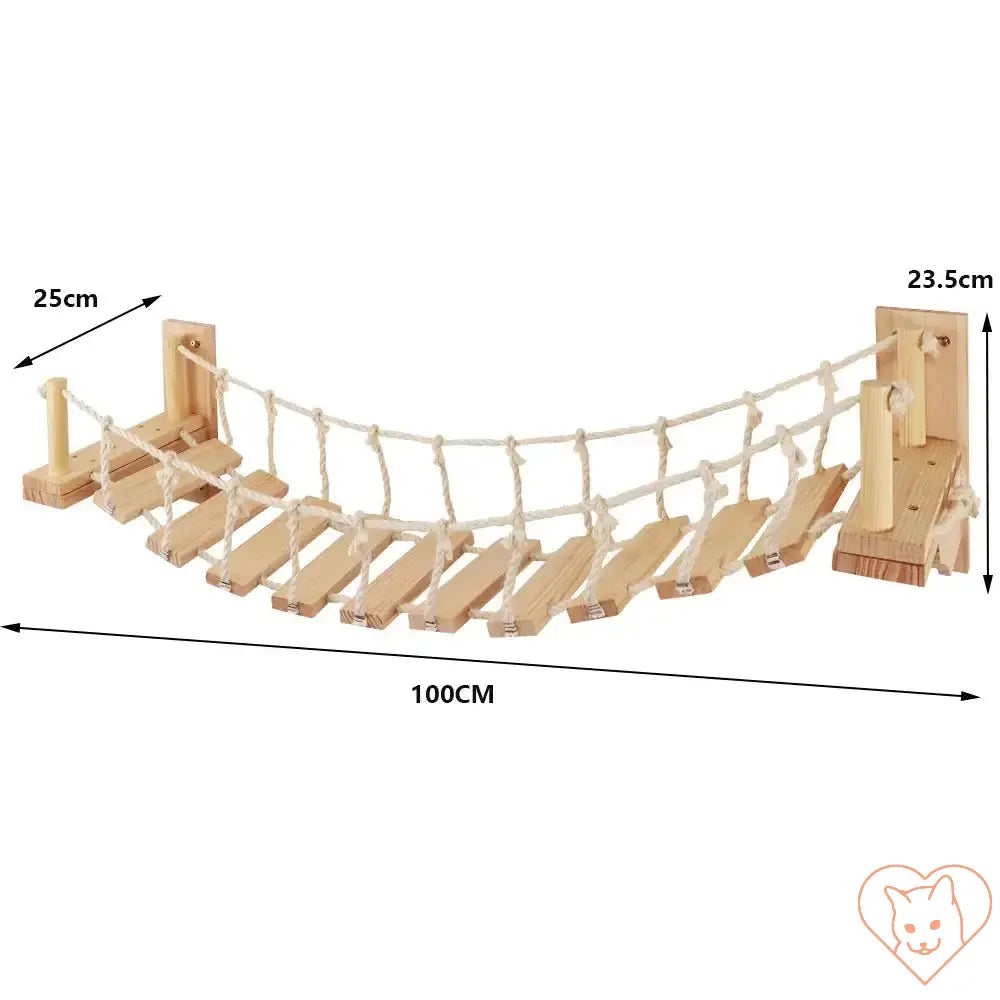 Wooden cat climbing bridge with rope, 100cm length, providing playful access between shelves for cats.