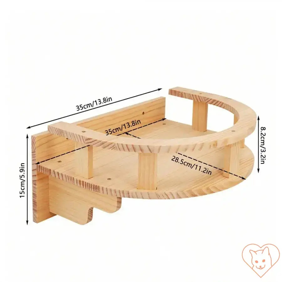 Wooden wall-mounted cat climbing shelf with dimensions, perfect for feline fun and relaxation.