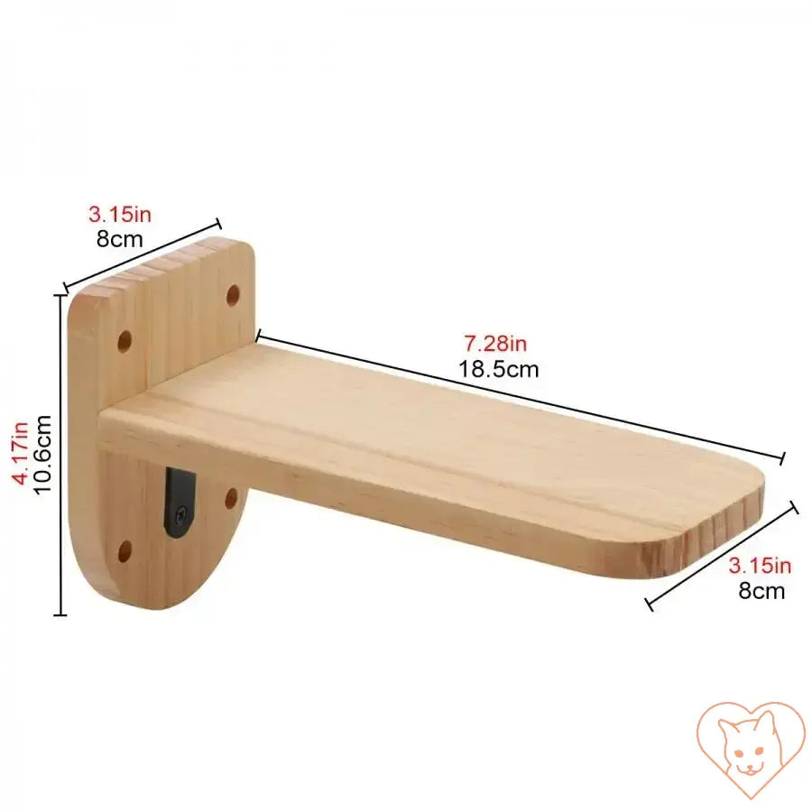 Wall-mounted cat climbing shelf in natural wood finish, featuring dimensions for easy installation and sturdy support.