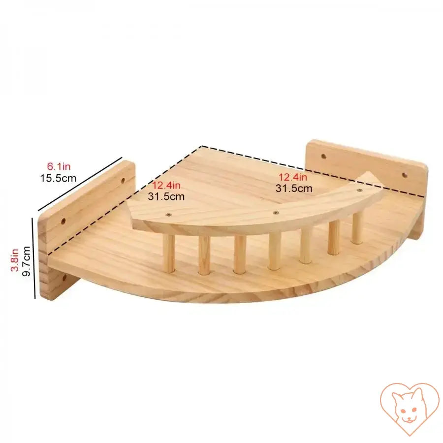 Wall-mounted cat climbing shelf with bridge in light wood, dimensions marked for easy installation.