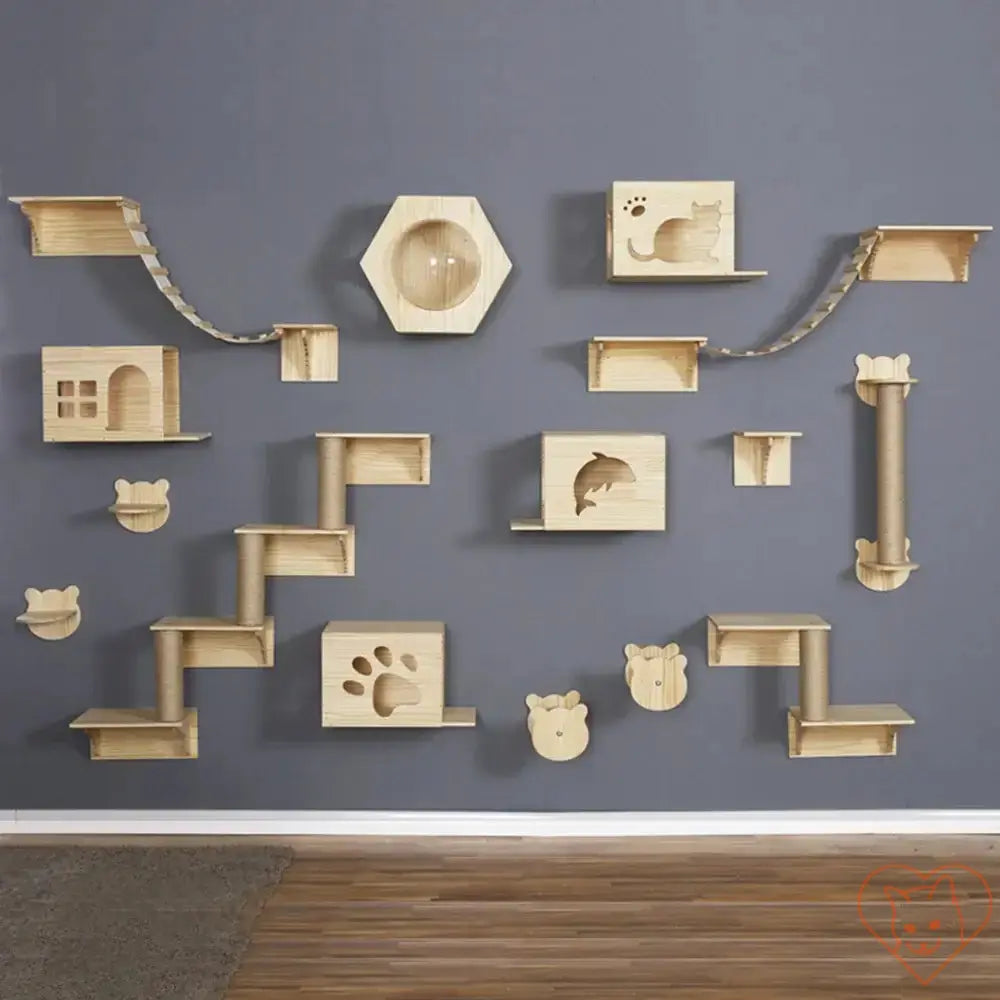 Wall-mounted cat hammock and climbing shelves made of natural wood for scratching and lounging.