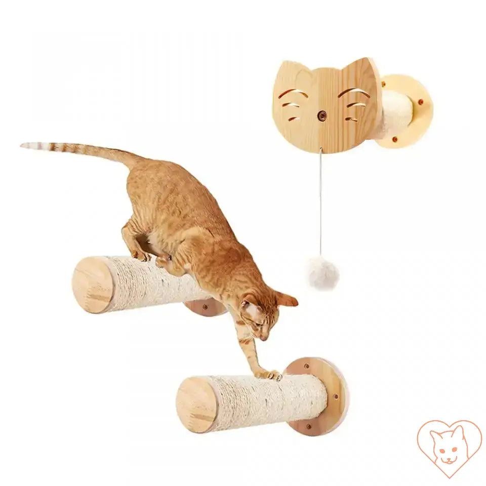 Cat climbing on wall-mounted scratching posts with wooden sisal scratch ladder and playful design.