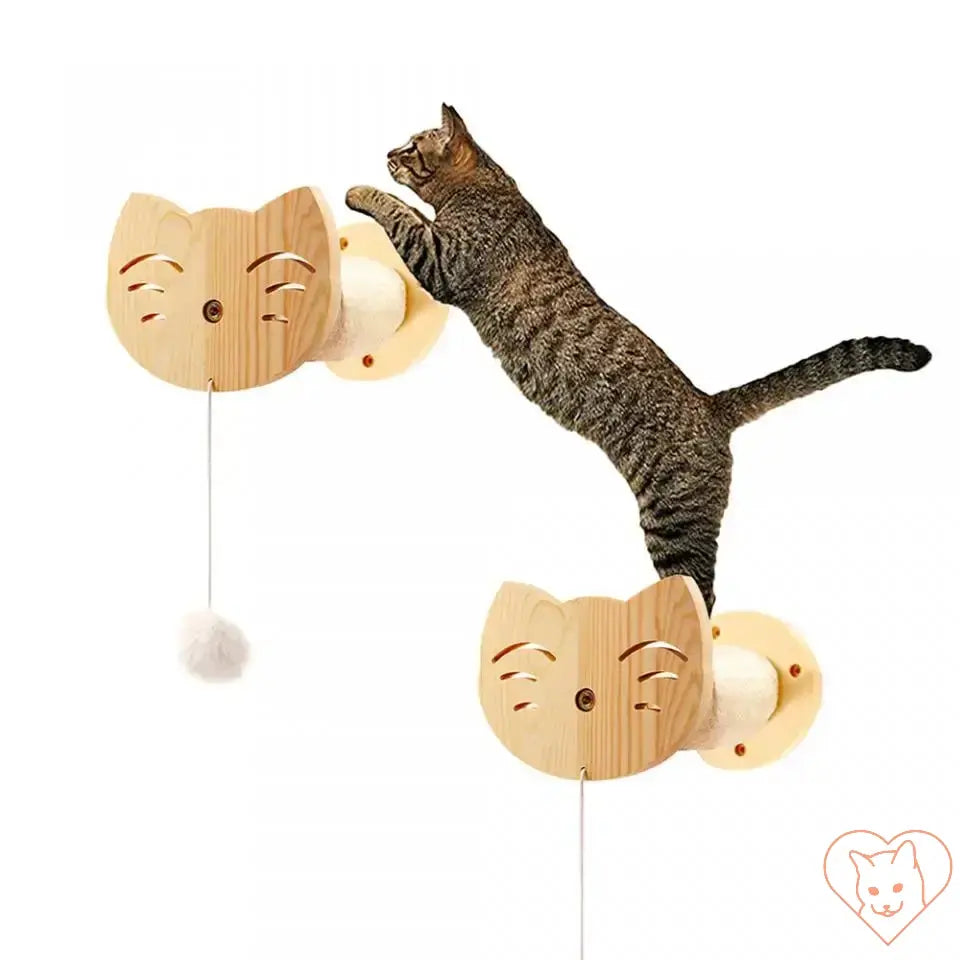 Cat jumping on wall-mounted wooden hammock and climbing shelves, designed for scratching and lounging.