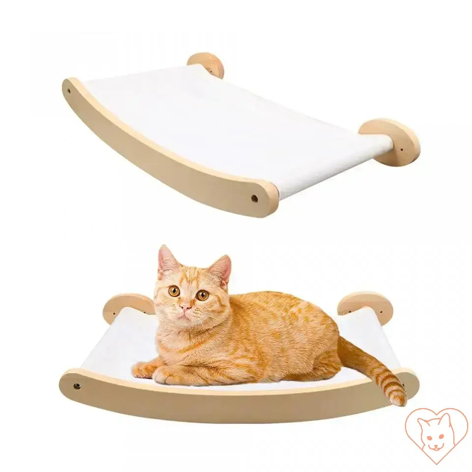 Wall-mounted cat hammock with an orange cat lounging on a soft, machine-washable fabric bed.