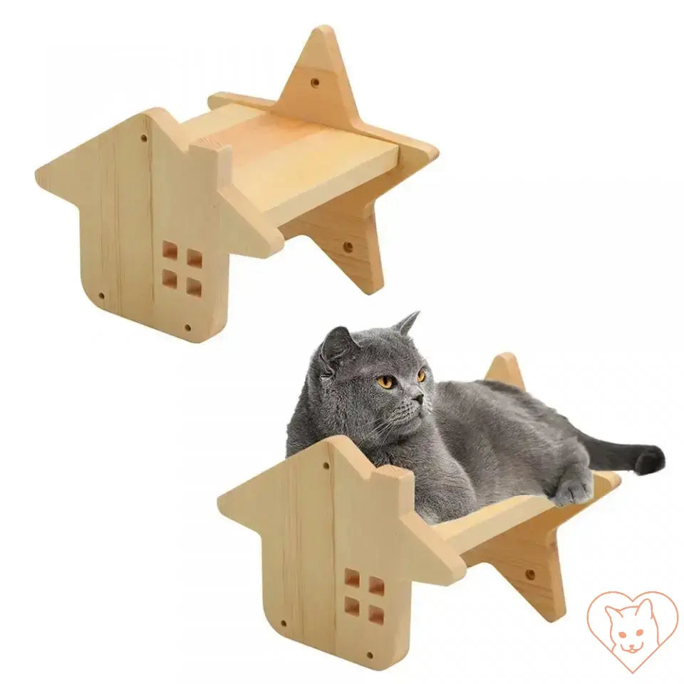 Wall-mounted wooden cat hammock featuring a cozy design and a cat lounging comfortably.