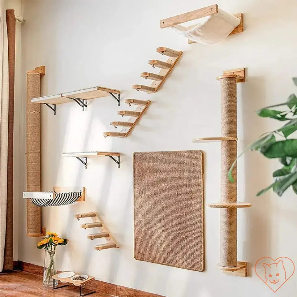 Wall-mounted cat hammock and climbing shelves made of natural wood, featuring scratch posts and a cozy lounging area.