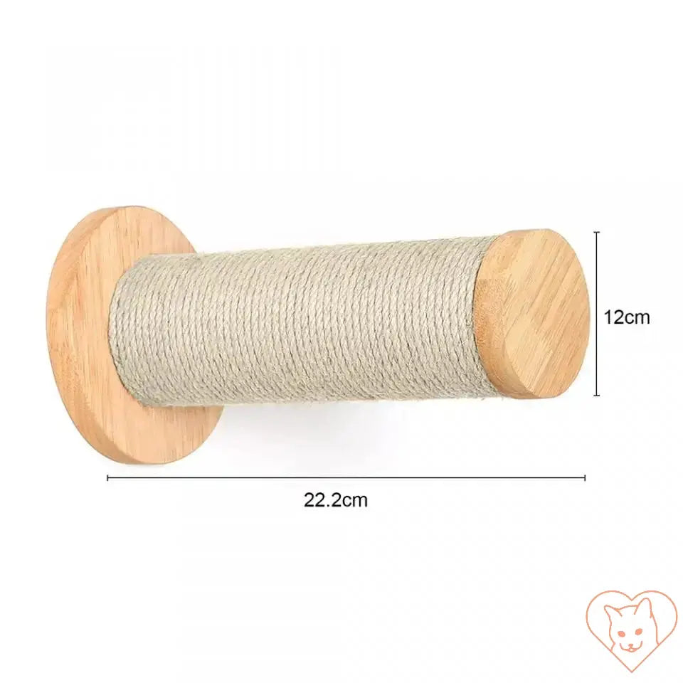 Wall-mounted sisal scratching post with wooden base, dimensions 22.2cm x 12cm, perfect for cat play and scratching.