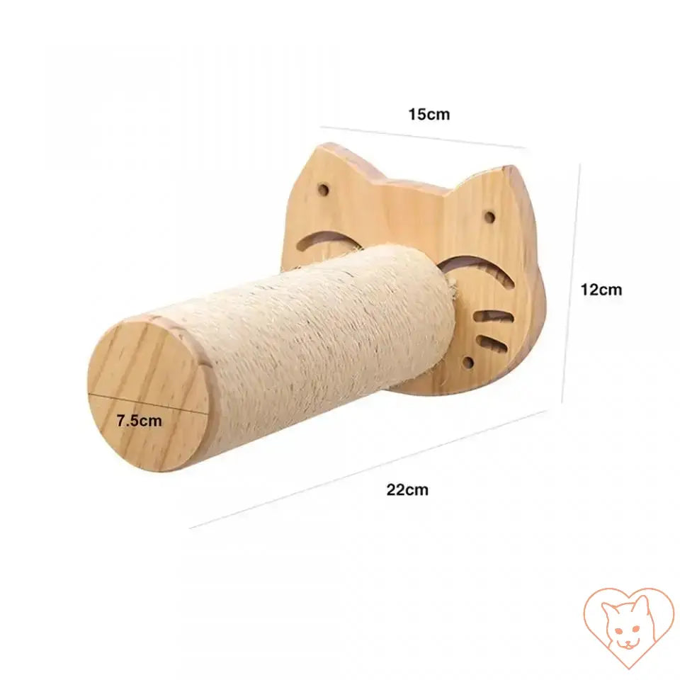 Wall-mounted cat scratching post with natural wood and sisal, designed for climbing and scratching.