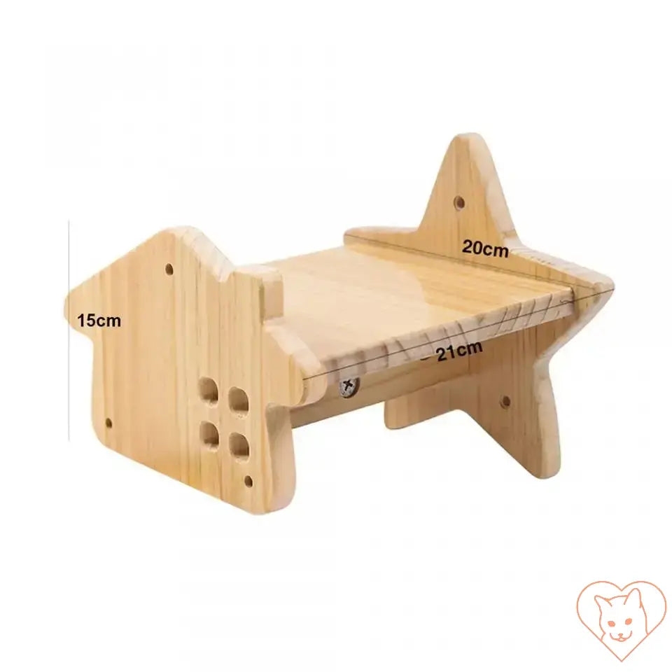 Wooden cat hammock shelf, measuring 15cm by 20cm by 21cm, designed for climbing and lounging.