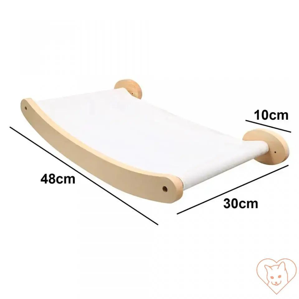 Wall-mounted cat hammock in natural wood, measuring 48cm x 30cm, soft fabric for lounging and scratching.