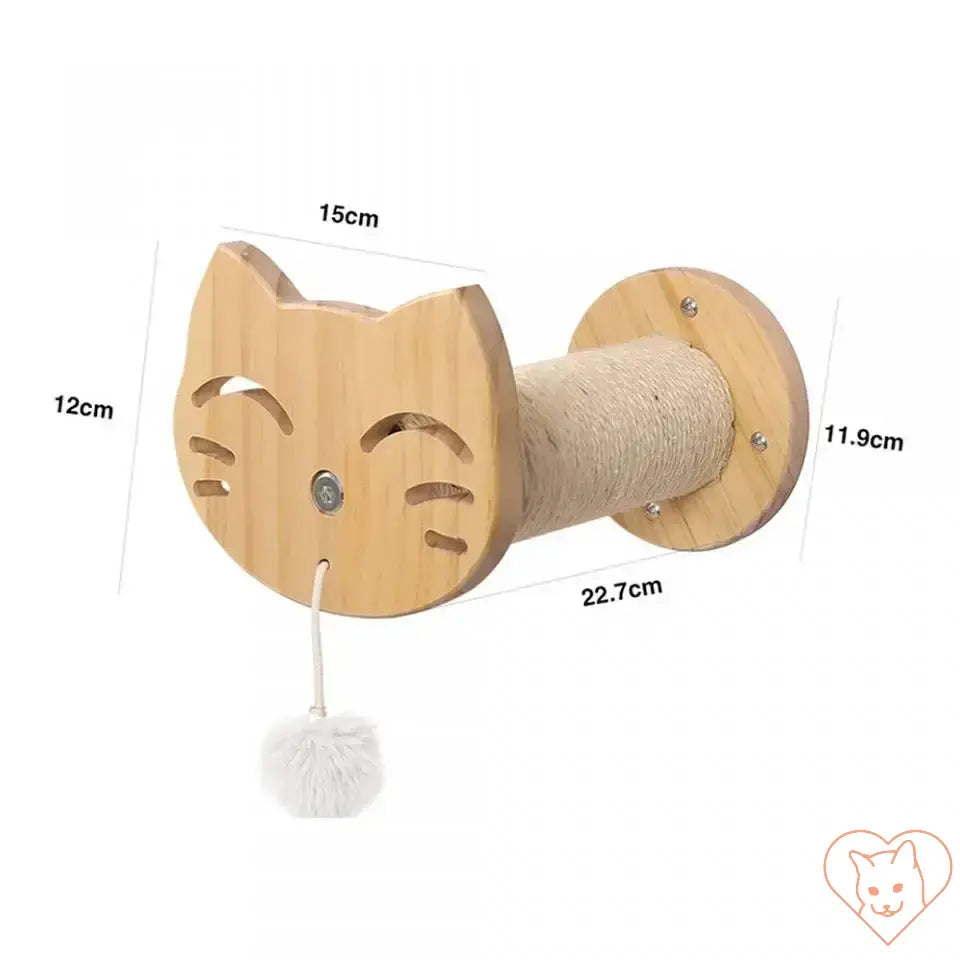 Wooden cat-themed scratching post with sisal rope and pom-pom for cats, wall-mounted for space-saving design.